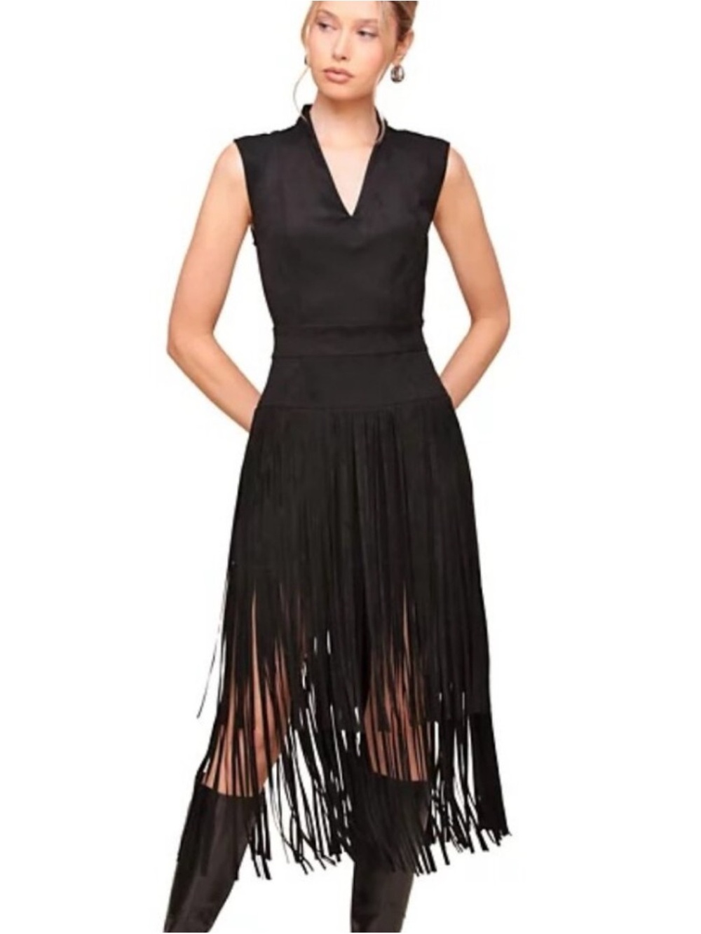 NWT Avec Les Filles 2 Black Sleeveless Fringe Midi Dress Soft Microsuede Western